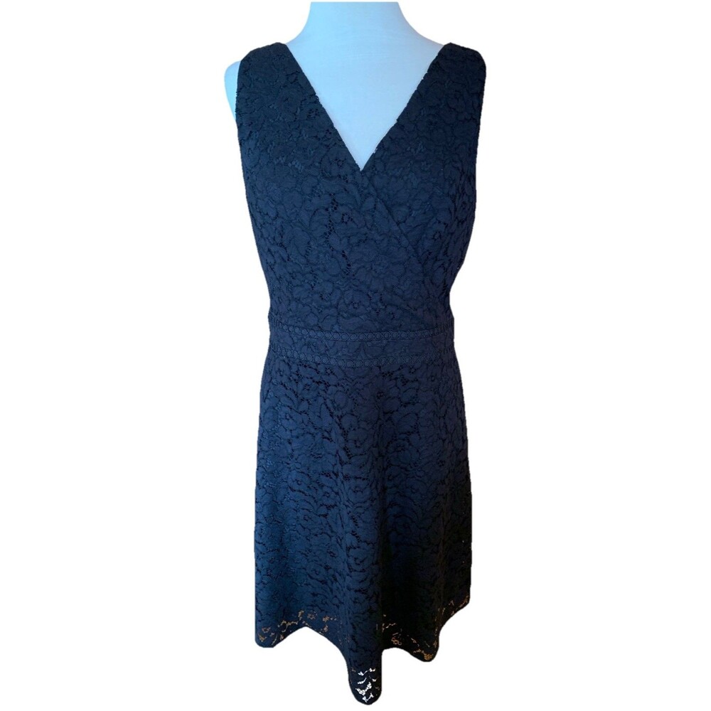 Loft Black Summer Lace Dress Sexy Lace Overlay V Front & Back Knee Size 12 Party